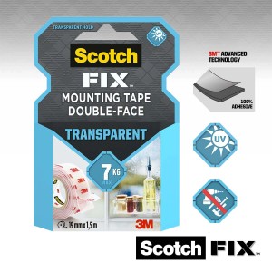 Nastro biadesivo trasparente Scotch Fix, 19 mm x 1,5 m, portata fino a 7 kg.
