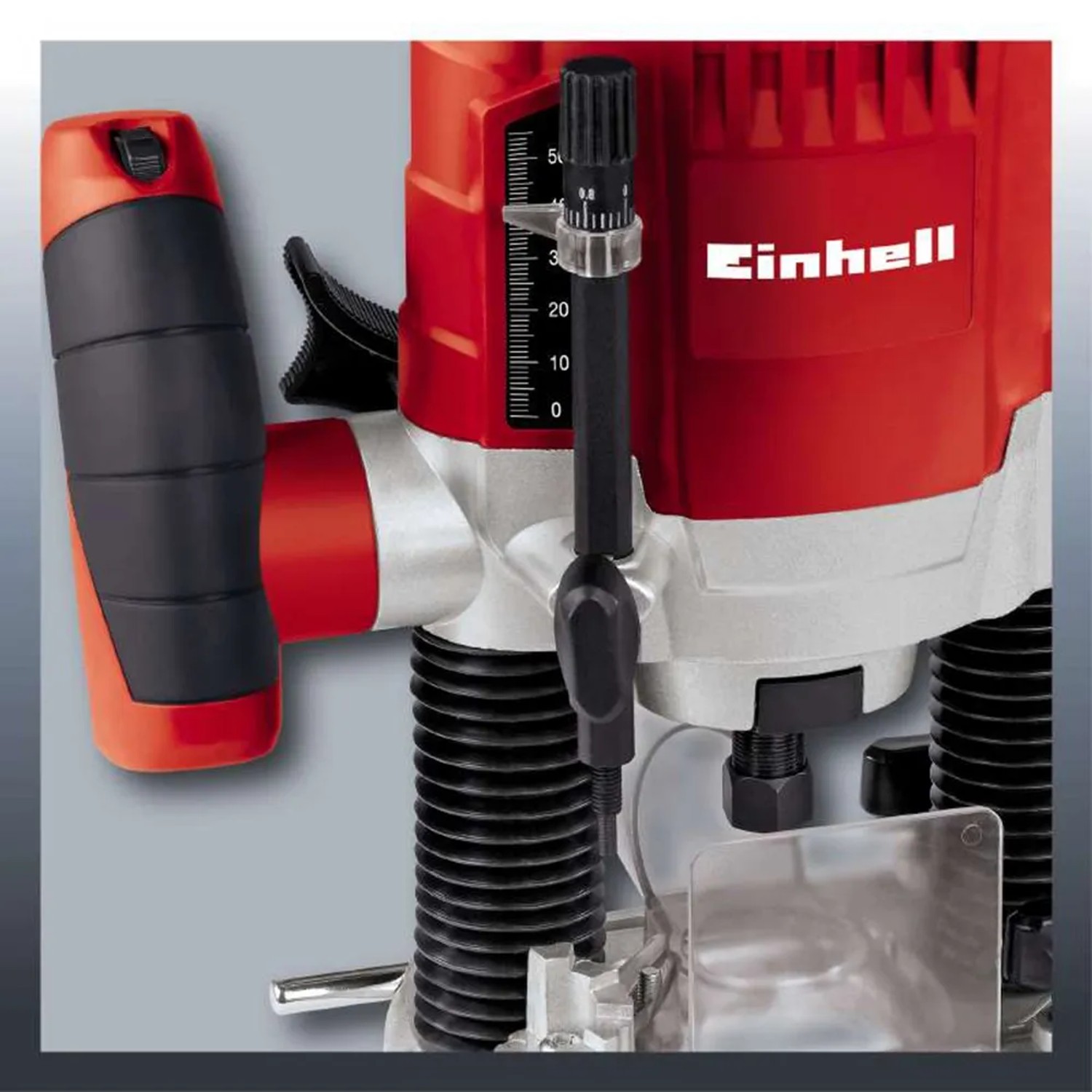 Fresatrice verticale Einhell TC-RO 1155 E, dettaglio della regolazione della profondità e dell'impugnatura.
