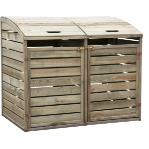 Casetta in legno per bidoni della spazzatura con coperchi e ante.