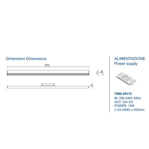 Disegno tecnico del mobile specchio t.b.t. con dimensioni e informazioni sull'alimentatore.