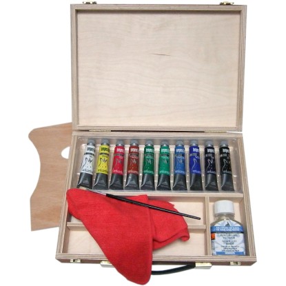 Cassetta in legno con colori a tempera assortiti