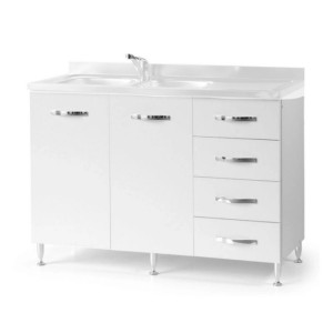 Mobile sottolavello bianco con due vasche, ante e cassetti. Ideale per la cucina.