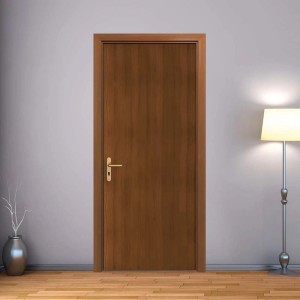 Porta in legno con maniglia dorata su parete grigia e lampada. Elemento Fotomurali.