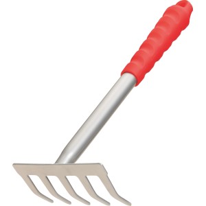 Rastrello a mano 32 cm per giardinaggio: rastrello in acciaio con manico in plastica rossa per smuovere il terreno.