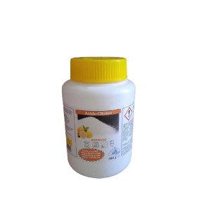 Contenitore di acido citrico detergente con coperchio giallo, per casa e pulizia.