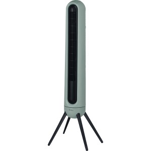 Ventilatore moderno e sottile verde menta con base a treppiede nera.