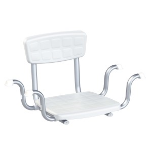Sedile da doccia bianco con schienale e braccioli per una maggiore sicurezza in bagno.