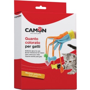 Confezione del guanto da gioco colorato Camon per gatti con pendenti.