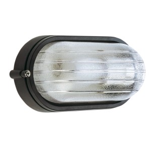 Plafoniera da esterno ovale antracite con diffusore in vetro rigato per montaggio a parete o soffitto.