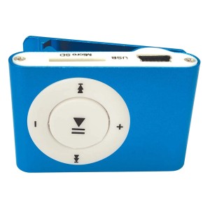 Lettore MP3 t.b.t. blu con clip, comandi e porte.
