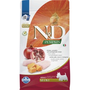 N&D Pumpkin cibo secco per cani Mini Adult con pollo, zucca e melograno, 2,5kg.