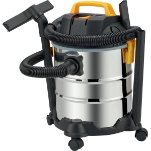 t.b.t. aspirapolvere per liquidi e solidi in acciaio inox con maniglia gialla e accessori.