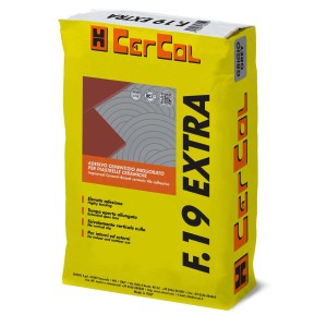 Sacco giallo di adesivo per piastrelle CerCal F.19 Extra per piastrelle in ceramica.