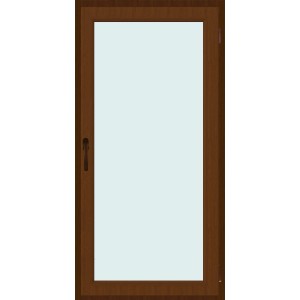 Finestra in PVC marrone con maniglia. Finestra per nuove costruzioni e ristrutturazioni.