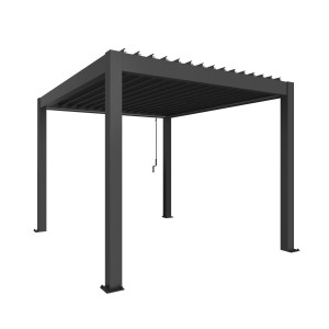 Pergola Biohort grigio scuro metallizzato con lamelle regolabili e scarico pioggia integrato.