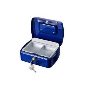 Cassetta di sicurezza blu aperta Burg Wächter Office Line 2167 con inserto e chiave.