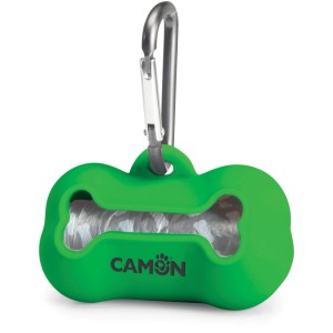 Distributore di sacchetti igienici per cani a forma di osso verde con moschettone.