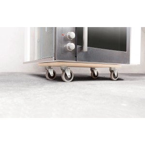 Tavola di trasporto rettangolare TE-200 con ruote morbide sotto un elettrodomestico. Portata 200 kg.