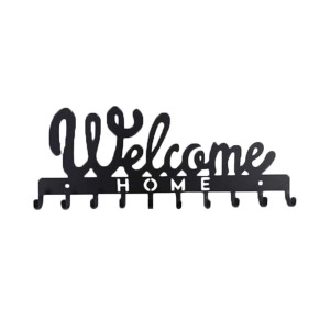 Appendiabiti in metallo nero con scritta "Welcome Home" e ganci.