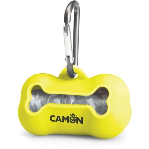 Distributore giallo a forma di osso per sacchetti igienici per cani con moschettone.