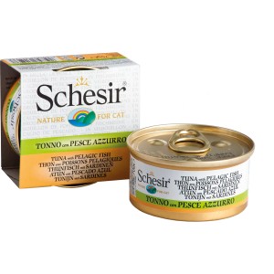Schesir cibo umido per gatti tonno con sardine in brodo, lattina da 70g.