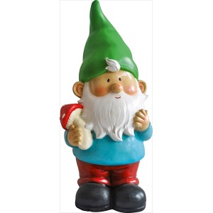 Gnomo da giardino in piedi, 33 cm, con cappello verde e fungo, come decorazione per il giardino.