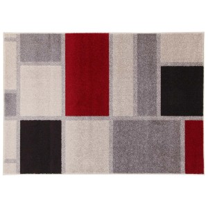 Tappeto moderno con motivo geometrico in rosso, grigio e nero.