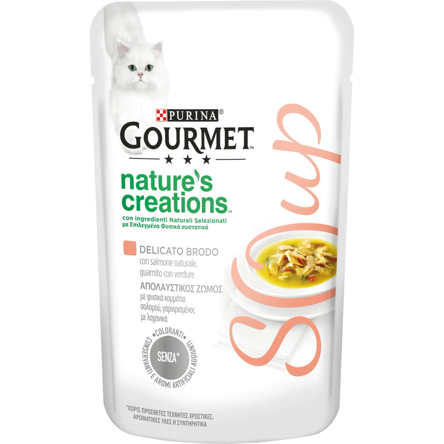Gourmet Nature's Creations zuppa per gatti, Delicato Brodo con salmone e verdure.