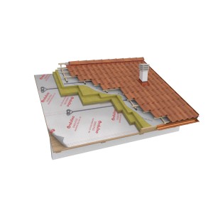 Costruzione di un tetto con isolamento termico t.b.t. e tegole rosse.