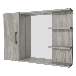 Mobile specchio grigio con anta, specchio, illuminazione LED e due ripiani.