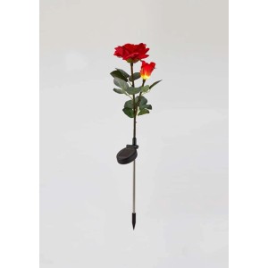 Luce solare decorativa a forma di rosa con fiore rosso e pannello solare.