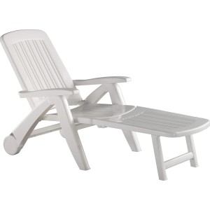 Lettino da giardino bianco in plastica, regolabile e resistente alle intemperie.