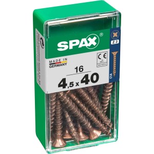 Viti per legno SPAX 4,5x40 mm in contenitore di plastica verde.