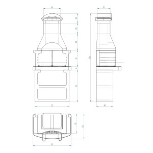 Disegno tecnico di un barbecue in muratura con dimensioni.