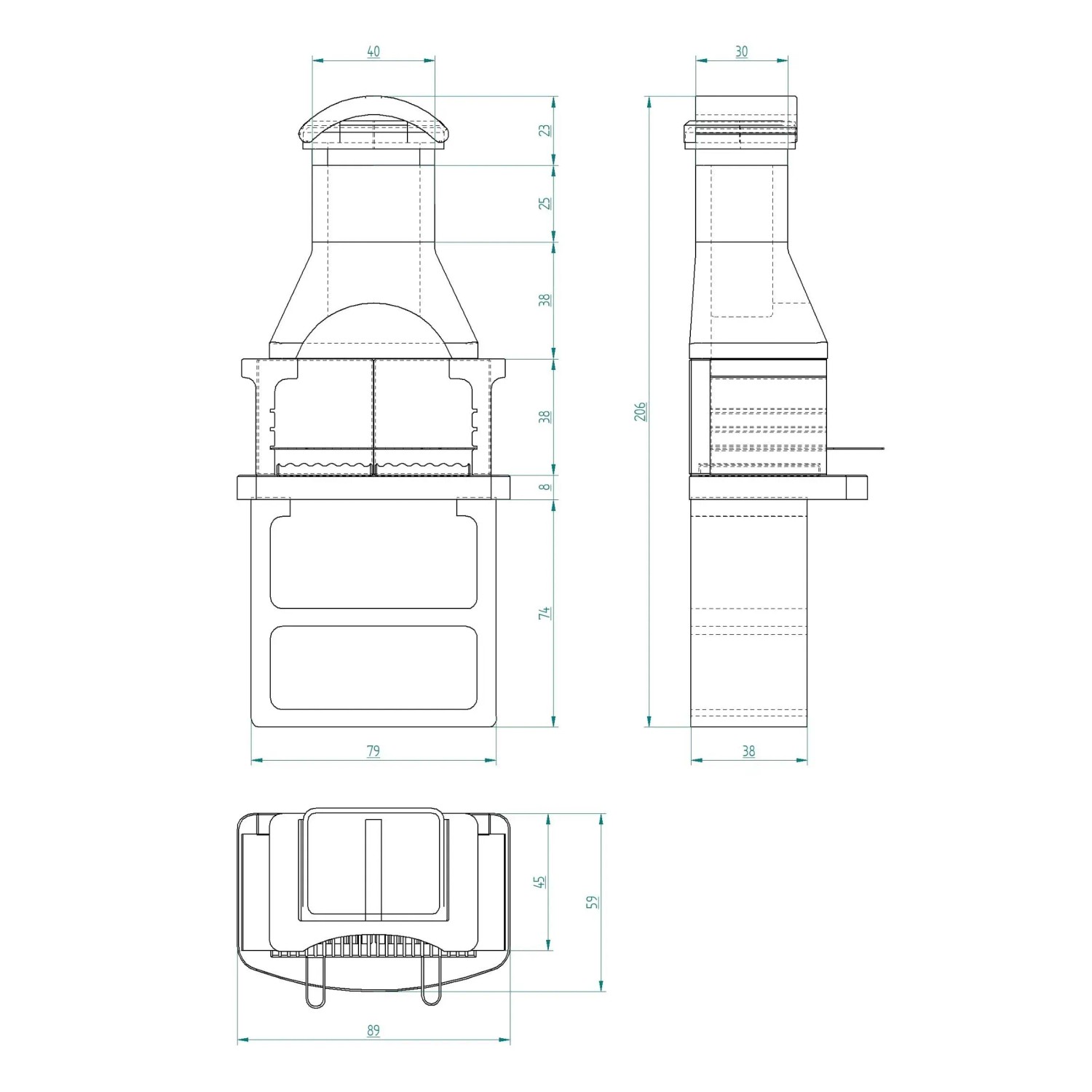 Disegno tecnico di un barbecue in muratura con dimensioni.