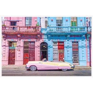 Quadri: Auto d'epoca rosa davanti a case colorate a L'Avana.