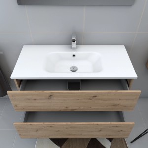 t.b.t. Lavabo singolo con decoro legno e vasca bianca dall'alto.