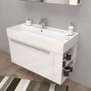 Lavabo singolo t.b.t. bianco con mobile sottolavabo e ripiani in bagno.