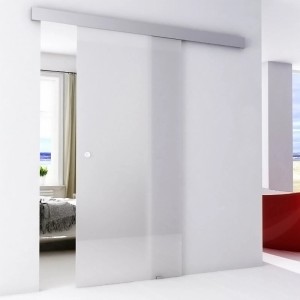 Porta scorrevole in vetro t.b.t., satinata, con binario argento.