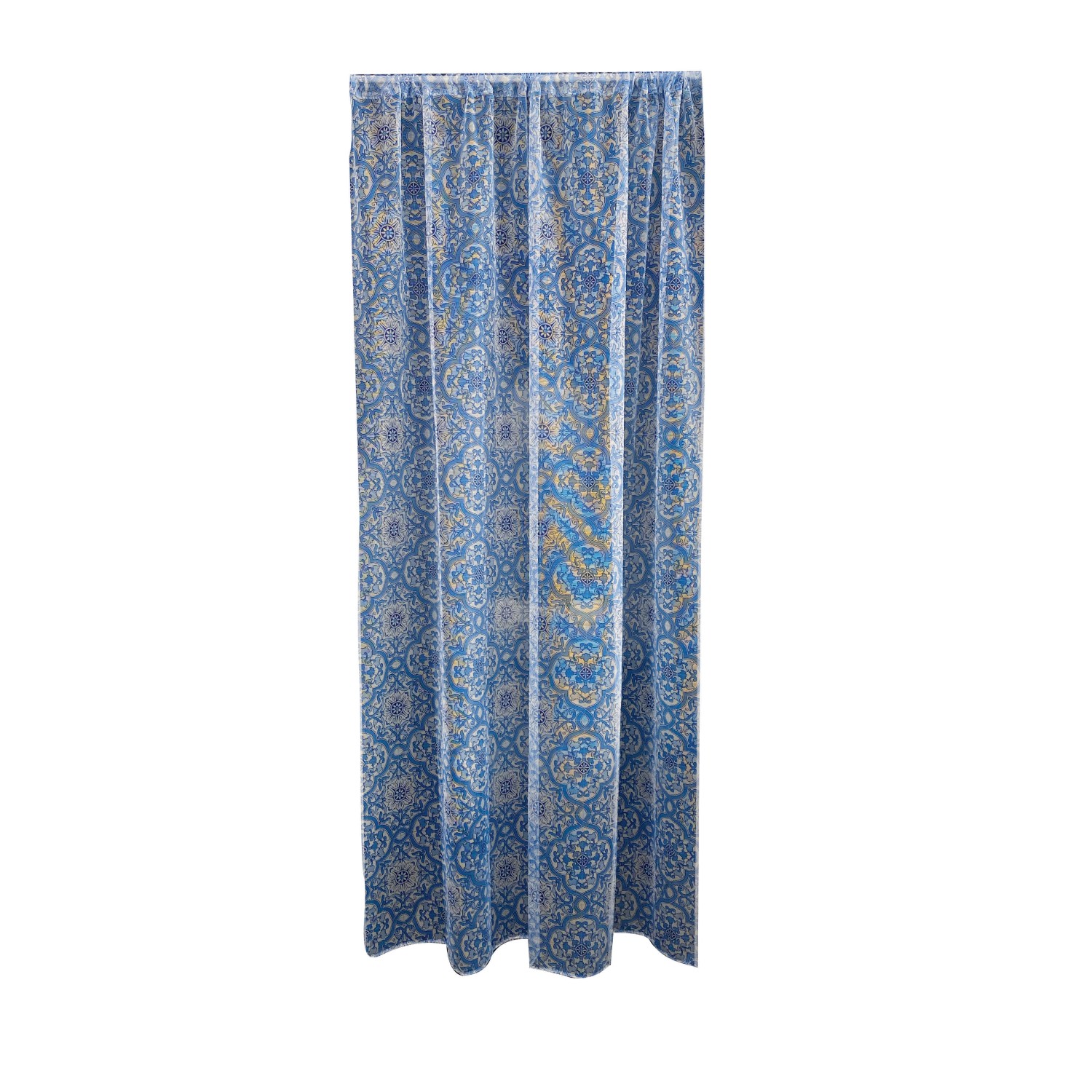 Zanzariera per porta blu con motivo per la protezione dagli insetti all'ingresso di casa.