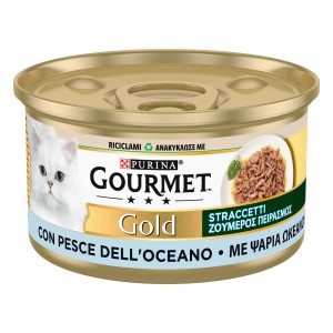 Lattina di cibo umido per gatti Gourmet Gold con pesce.