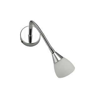 Applique t.b.t. cromata con braccio flessibile e paralume bianco.