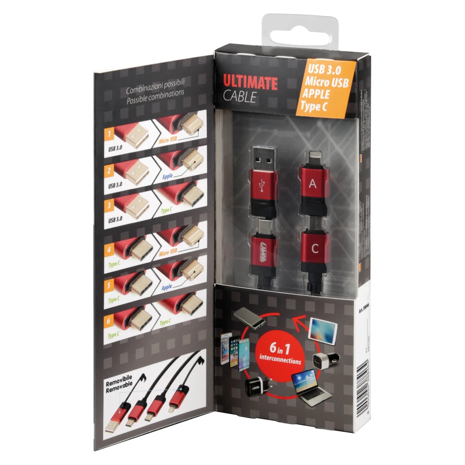 Set di cavi USB t.b.t. per interni auto, vari connettori.