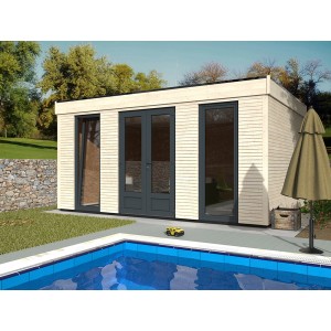 Moderna casetta da giardino in legno Decor Home 15 con tetto piatto e ampie finestre vicino alla piscina.