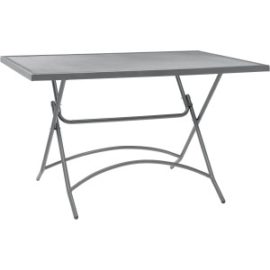 Tavolo da giardino rettangolare grigio con struttura pieghevole in metallo.