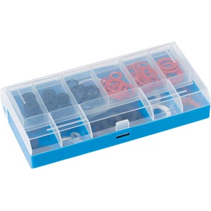 Assortimento guarnizioni LUX, 84 pezzi, in scatola di plastica blu con vari anelli di tenuta.