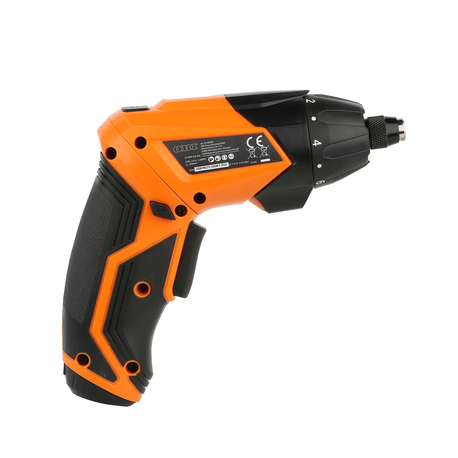 Avvitatore a batteria OBI 3,6V, 56 pezzi in arancio/nero. Avvitatore compatto con set di inserti.