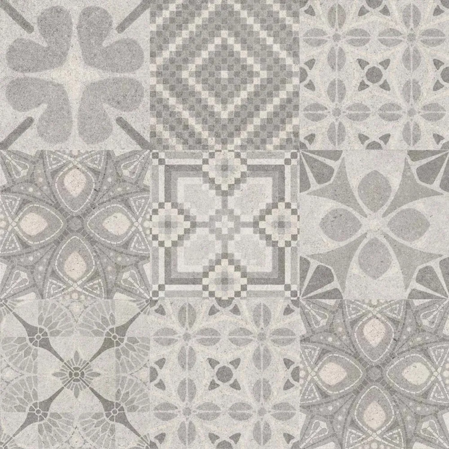 Adesivi da parete grigi con vari motivi geometrici e floreali.