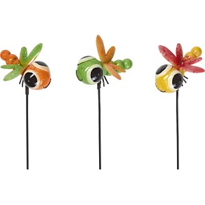 Tre decorazioni da giardino a forma di libellula colorate, alte 95 cm.