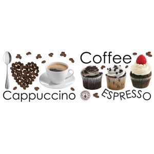 Adesivo da parete con motivi di caffè: tazza, pasticcini e chicchi di caffè come decorazione.